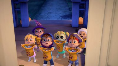 a group of cartoon characters standing next to each other in front of an open door Alvin And The Chipmunks Halloween Chipettes Halloween, Alvin And The Chipmunks Pumpkin, The Chipmunks Halloween, gray