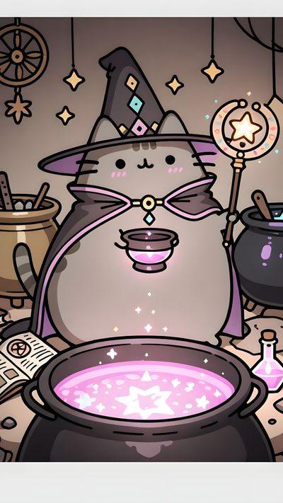 a cartoon cat wearing a witches hat next to a caulder filled with liquid Halloween Pastel Cat Halloween Pusheen, Pusheen Halloween, Pusheen Witch, Kawaii Halloween, gray