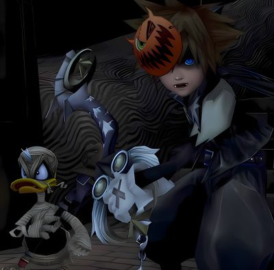 two animated characters dressed up in costumes and masks, one with a bird on it's head Sora Halloween Town 4k Kingdom Hearts 2 Nightmare Before Christmas, King Mickey Pfp, Sora Halloween Town Pfp, black
