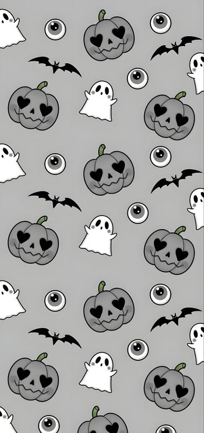 halloween themed wallpaper with pumpkins and ghost faces on grey background, all in black and white Halloween Magic Potions Light Greysmall Grey Halloween, Floral Ghost, Cute Ghost Pattern On Black Background, silver