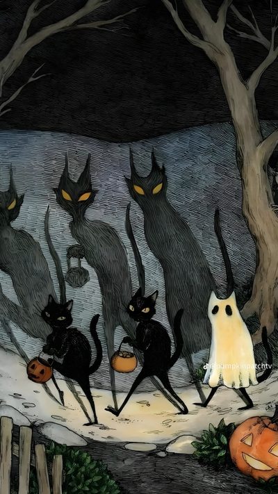 three black cats are walking in the snow with pumpkins and jack - o'- lanterns Halloween Comic Halloween Aesthetic, Retro Halloween, Spooky Halloween, dark slate gray