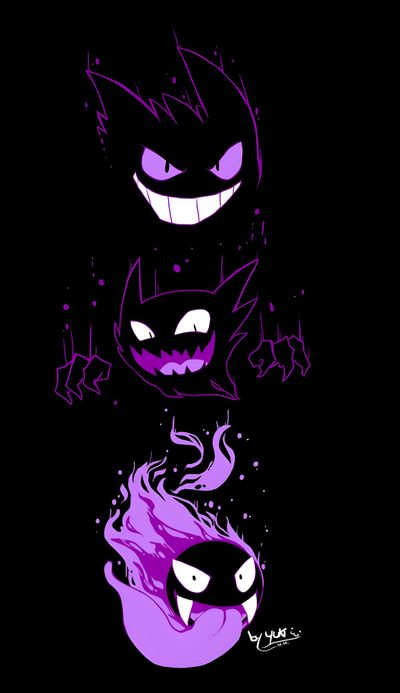 three cartoon characters with purple hair and fangs on their faces, one is staring at the camera Gengar Halloween Cool Desktop, Cool Art, Gengar Pokemon Fanart, Desktop, Graffiti De Arte Callejero, black