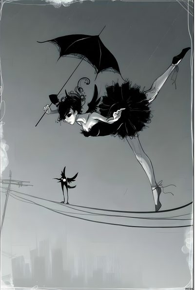 a woman flying through the air while holding an umbrella Halloween Ballerina Tightrope Pose Reference, Tightrope Walker Clipart, Circus Tightrope Walker, gray