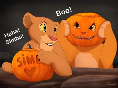 two lion cubs holding pumpkins with the words boo and haha simba Lion King Halloween Simba Pumpkin Painting, Scar And Nala, Simba Pumpkin Carving, sienna