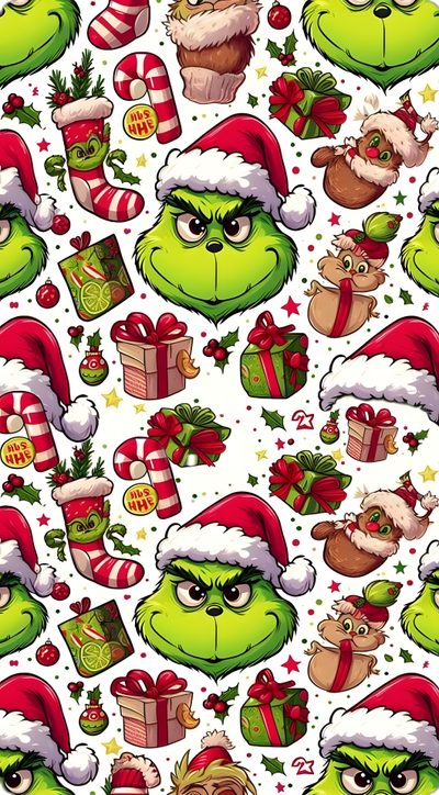 the grin face is surrounded by christmas decorations and presents on white paper with green eyes Halloween Grinch The Grinch Collage, Grinch Backgrounds, Cute Grinch, Grinch, The Grinch, dark khaki