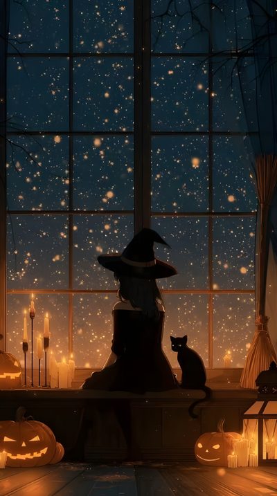 a cat sitting on top of a window sill in front of a halloween scene Aesthetic Halloween Girl Halloween Aesthetic Gif, Spooky Gif, Halloween Live, Lo-fi Aesthetic, dark slate gray