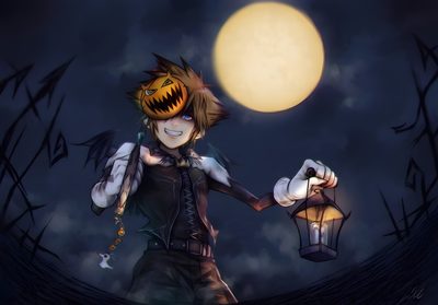 a cartoon character holding a lantern in front of a full moon Halloween Town Sora Sora Halloween Town Pfp, Sora Kingdom Hearts Halloween, Kingdom Hearts Halloween, dark slate gray