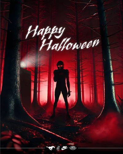 a man standing in the middle of a forest with red light coming from behind him Halloween Football Smu Football, Funny Ghost, Book Illustration Layout, Halloween Floral, Fallen Book, black