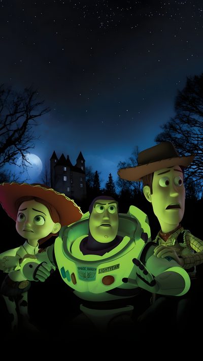 three cartoon characters are standing in front of a green object at night with the moon behind them Toy Story Halloween Pixar, Buzz And Woody, Tou Story, Woody And Buzz, Youve Got A Friend In Me, black