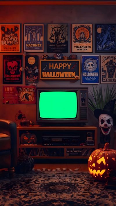a living room decorated for halloween with posters on the wall and a television in front Vhs Halloween Halloween Iphone Background, Games Room Inspiration, Iphone For Guys, black