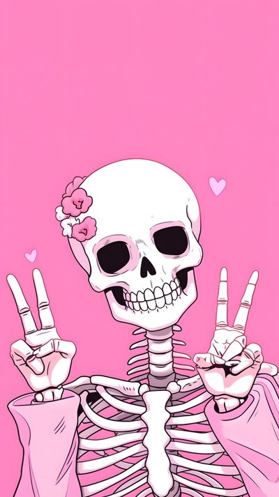 a skeleton holding up two fingers in front of a pink background with the word love written on Pink Halloween Skeleton Pink Skeleton Pfp, Pink Skeleton, Pink Skull Aesthetic,