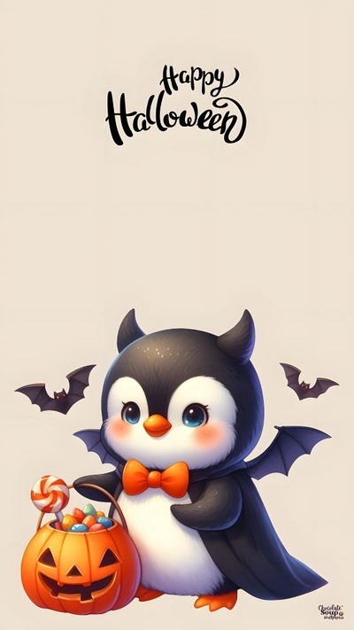 a penguin dressed as a bat and holding a pumpkin Penguin Halloween Panda Fall, Cute Halloween Phone, Cute Cute Halloween Pictures For, antique white