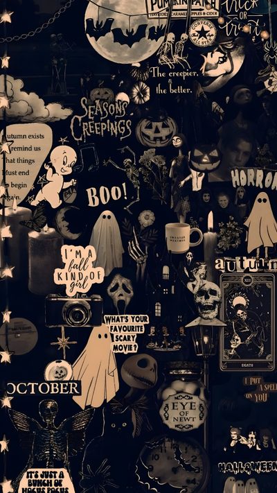 a black and white photo with lots of halloween related items Iphone Iphone Edgy Aesthetic Halloween Halloween Backgrounds Aesthetic Dark, Dark Halloween Aesthetic Iphone, Halloween Iphone Aesthetic Dark, black