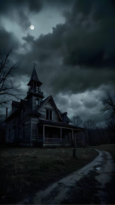 an old house in the middle of a field with dark clouds and a full moon behind it Old Scary Horror Halloween Haunted House Videos, Halloween Live, Creepy Backgrounds, dark slate gray