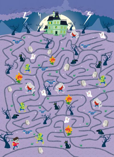 a halloween maze with an image of a house in the background Halloween Maze Otomi Embroidery Playmat Witch Maze, Monster Maze, Labyrinth Maze Printable, dark gray