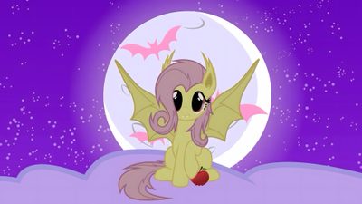 a little pony sitting on top of a cloud in front of a full moon with bats Halloween Pony Cromebook, Flutterbat Cute, Flutterbat Banner, Flutterbat Gif, Mlp Flutterbat, medium purple