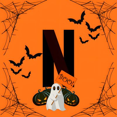 the letter n is decorated with bats and pumpkins as it stands in front of an orange background Halloween Netflix Halloween Reminders App Icon, Halloween Text Icon, Hbo Max Halloween App Icon, dark orange