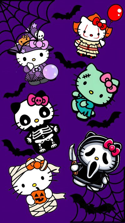 hello kitty halloween stickers on a purple background Hello Kitty Halloween Hello Kitty Halloween, Hello Kitty Theme Party, Halloween Iphone Backgrounds, indigo
