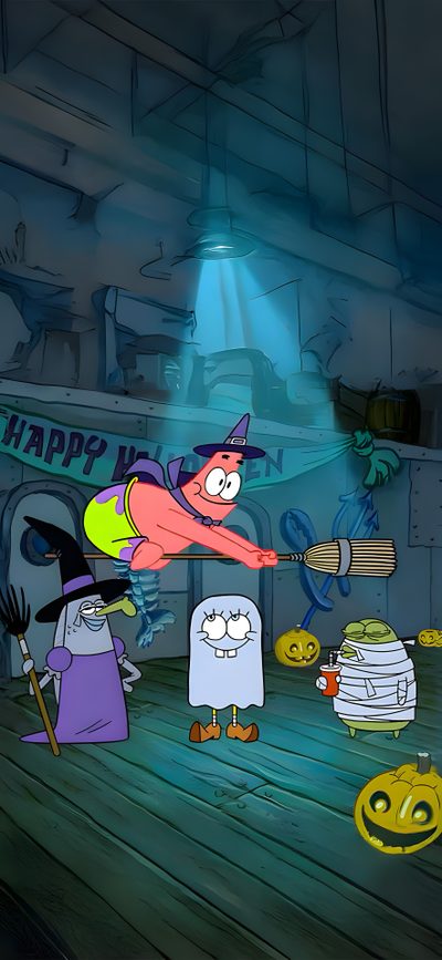cartoon characters dressed as witches and ghostes in a room full of pumpkins, with lights on Halloween Spongebob Spongebob Halloween, Halloween, Mlg, Spongebob, Spongebob Funny, dark slate gray