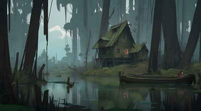 a house in the middle of a swampy forest with a boat on it's side Halloween Swamp Swamp Artwork, Swamp Cabin, Swamp Location, Swamp Landscape, Swamp Animal Art, dark slate gray