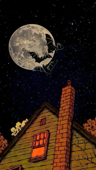 a painting of a bat flying over a house with the moon in the sky above it Vintage 90s Halloween Halloween Phone Lock Screen, Iphone Halloween Vintage, Vintage Spooky Background, black
