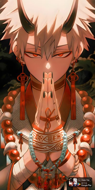 an anime character with white hair and horns on his head, wearing red necklaces Bakugou Halloween Baku Anime Character, Baku Fanart, Bakugo As A Demon, Bakugou As A Demon, sienna