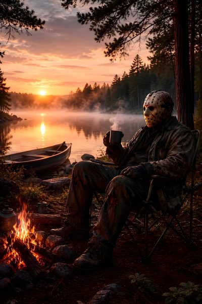 a man sitting in a chair next to a campfire with a mask on his face Jason Halloween Jason Voorhees, Graffiti Iphone, Halloween Iphone, Graffiti, Halloween Photos, black
