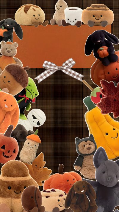 a bunch of stuffed animals are arranged in the shape of a circle on a plaid background Jellycat Halloween Phone Themes, Fun Drink Recipe, Cat Background, Bow, Iphone Themes, Cat, saddle brown