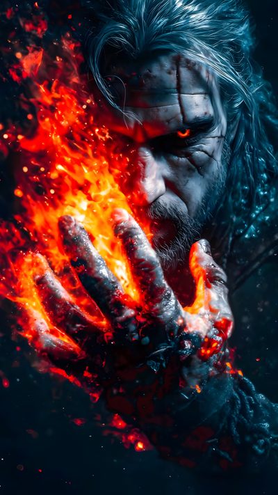 a man with his hands in front of him and fire coming out of his face Witcher Geralt Halloween Witchercon 4, Witcher Artwork, Witchercon 2, Geralt Of Rivia Tattoo, black