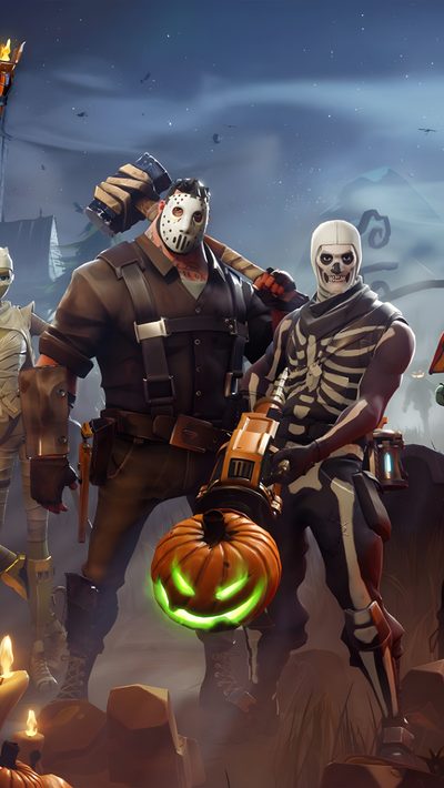 the characters from fortnix are standing in front of a halloween scene with jack - o'- lanterns Halloween Fortnite Fortnite Halloween, Fortnite Squad Picture, Halloween Fortnite, dark slate gray