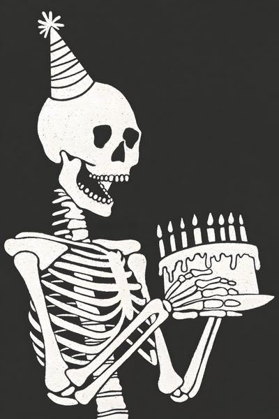 a skeleton holding a cake with candles on it Halloween Birthday Halloween Posters, Skeleton Drawing Easy, Skeleton With Birthday Hat, dark slate gray
