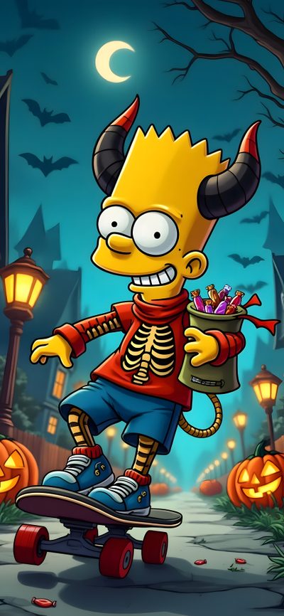 a cartoon character riding a skateboard with horns on it's head and holding a bag Bart Simpson Halloween Simpsons Halloween, The Simpsons Halloween, Simpsons Halloween Drawing, dark slate gray