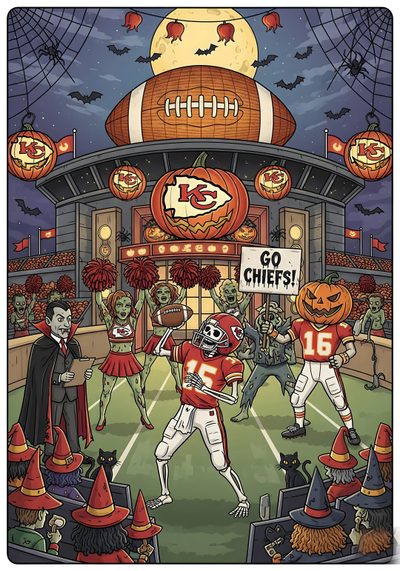 a football game is being played in front of a stadium with pumpkins and witches Chiefs Halloween Kc Chiefs, Halloween Illustration, Gifts For Football Fans, Football Fans, dim gray