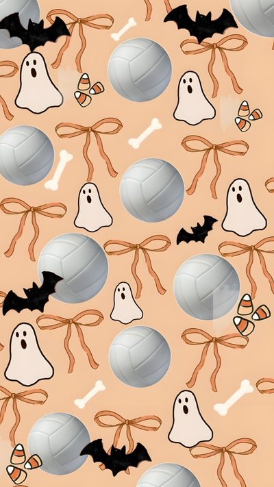 halloween themed wallpaper with bats, balls and ghost's heads on it in orange background Volleyball Halloween Volleyball, burlywood