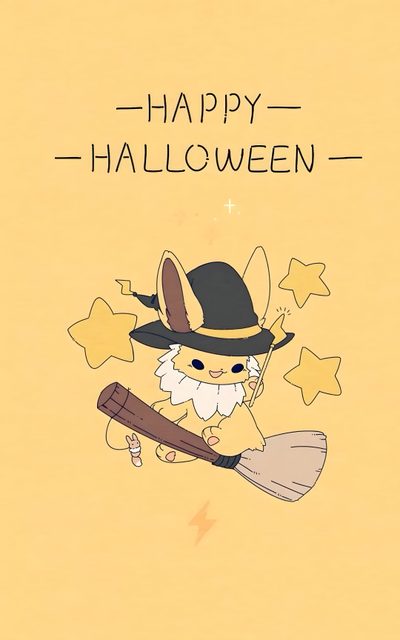 a card with an image of a rabbit in a witch hat holding a broom and stars Leafeon Halloween Cute Jolteon, Jolteon Pokemon, Jolteon Iphone, Jolteon Aesthetic, Jolteon, khaki