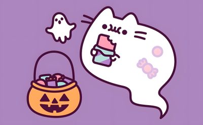 a cartoon cat with a trick in its mouth next to a pumpkin basket filled with candy Desktop Pusheen Halloween Pusheen Ghost, Pushers Halloween, Pusheen Pumpkin, medium purple