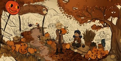 an image of a halloween scene with pumpkins The Owl House Halloween Hunter Official Art The Owl House, Hunter Toh Background, The Owl House Background Art, saddle brown