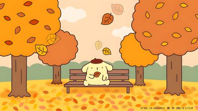 a dog is sitting on a bench in the park with autumn leaves falling from trees Pom Pom Purin Halloween Pompompurin Autumn, Christmas Desktop Background Aesthetic, Pompompurin Thanksgiving, sandy brown