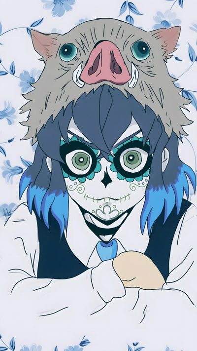 a drawing of a woman with blue hair and an animal's head on her face Inosuke Halloween Lovey Dovey, Love My Man, Otaku Anime, Demon Slayer, Anime Demon, gainsboro