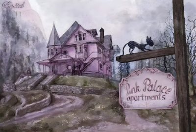 a drawing of a pink house on top of a hill next to a wooden sign Pink Halloween Gif Movies Showing, Fan Art, Coraline Aesthetic, Drawings, Pink Palace, Fantasy Movies, gray