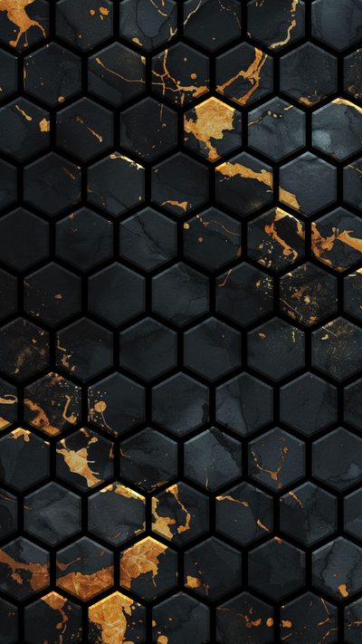 an abstract black and gold background with hexagonal tiles Halloween Hexagon Dark Honeycomb, Dark And Gold Hexagon Design, Black And Gold Hex,