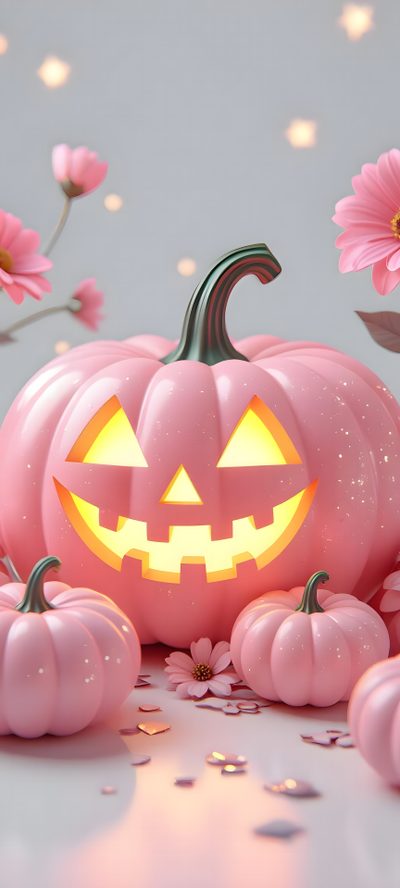 a pink pumpkin with glowing eyes surrounded by flowers and confetti on a gray background Pink And Orange Halloween Pink Halloween Aesthetic, Pink Pumpkin, Pink Pumpkin Aesthetic, silver