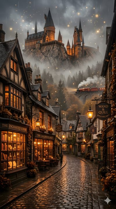 a painting of hogwart's castle in the middle of a town at night Harry Potter Halloween Iphone Harry Potter Theme, Harry Potter Backgrounds, Hogwarts Castle, dark olive green