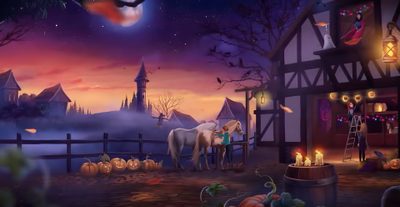 a halloween scene with a horse and pumpkins Star Stable Halloween 4k Sso Halloween, Headless Horseman Background, Halloween Horse, dark slate gray