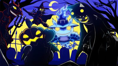 three cartoon characters are standing in front of a halloween scene with pumpkins and jack - o'- lanterns Digimon Halloween Digimon Fusion Season 2, Shadow Gao Battle Cats, Walpurgisnacht Battle Cats, black
