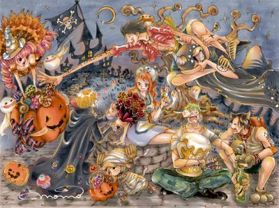 an image of a group of women dressed up as witches and pumpkins in front of a castle One Piece Halloween 4k One Piece Anniversary Art, Thanksgiving One Piece, One Piece Color Spread Halloween, gray
