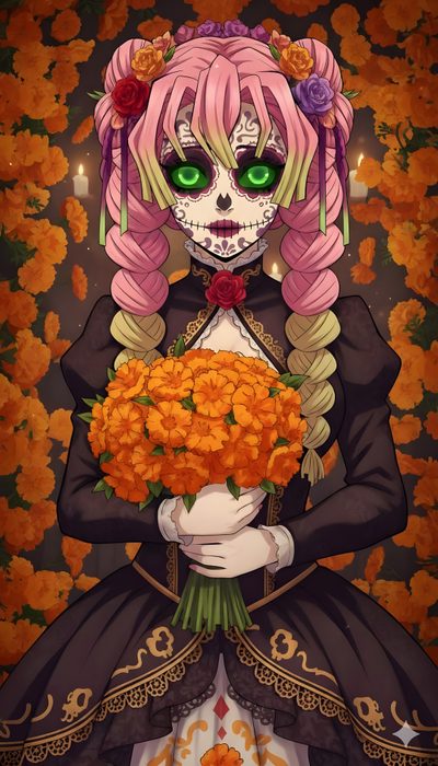 a girl with pink hair and green eyes holding flowers in front of an orange background Mitsuri Halloween Mitsuri Halloween, Overwatch, Halloween Backgrounds, Anime Halloween, saddle brown