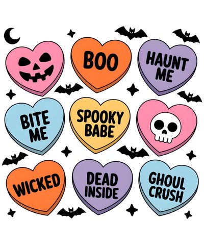 six heart shaped stickers with different sayings in the shape of bats and skulls Halloween Conversation Hearts Halloween Conversation Hearts, Halloween Valentines, Halloween Candy Hearts Art, snow