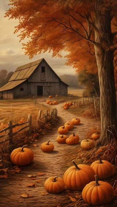 a painting of pumpkins on the ground in front of a barn Halloween Farm Fall Scene Photos, Pictures Of Fall Scenery, Fall Barn Pictures, Fall Barn, saddle brown
