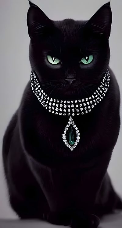 a black cat with green eyes wearing a diamond necklace and choker on it's neck Black Cat Diamonds For Halloween In Cat With Diamonds, Black Cat With Pearls, Black Cat Wearing Crown And Necklace,